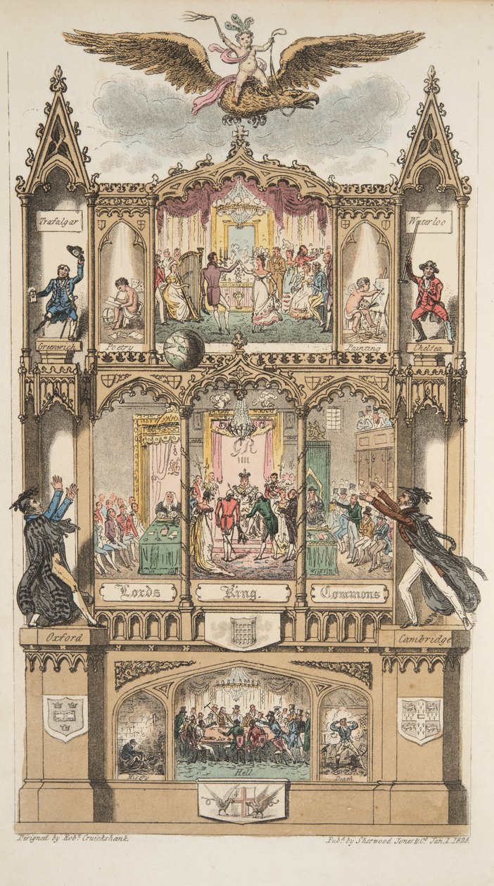 Frontispiece, z The English Spy, wyd. 1824 (grawerowanie ręcznie kolorowane) autorstwa Isaac Robert Cruikshank