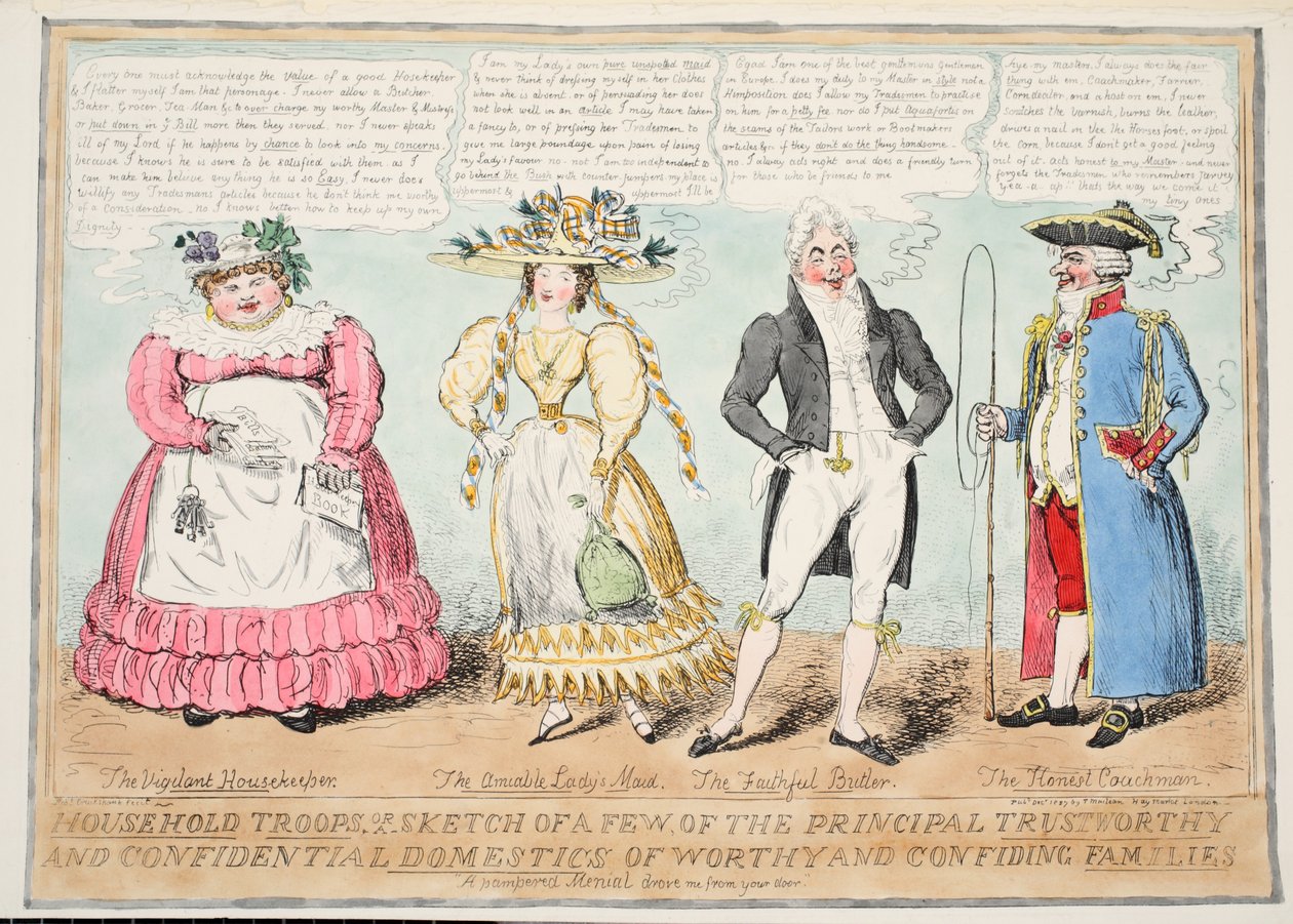 Oddziały domowe lub szkic kilku głównych godnych zaufania i poufnych domowników godnych i ufnych rodzin, 1827 (ręcznie kolorowane grawerowanie) autorstwa Isaac Robert Cruikshank