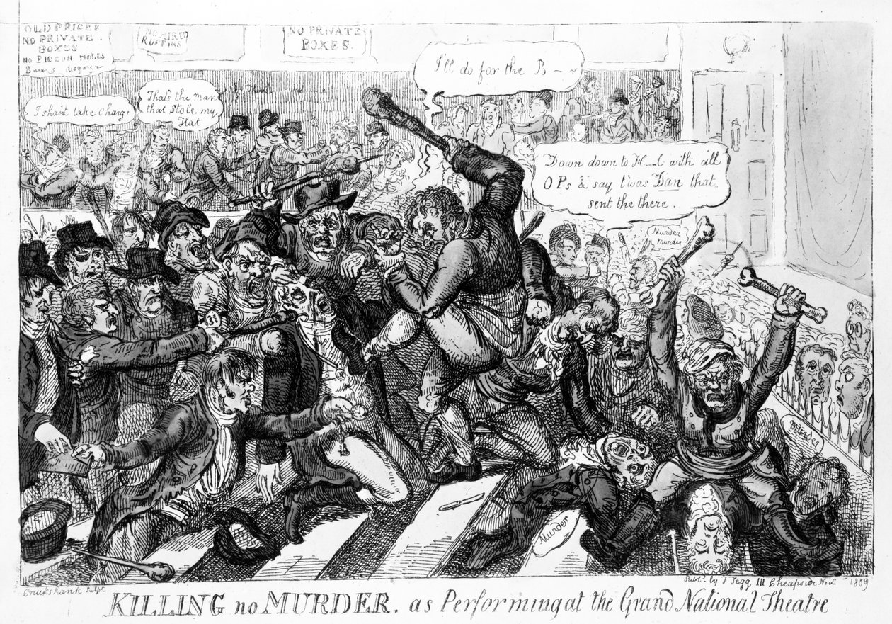 Killing no Murder, jako występ w Teatrze Wielkim, 1809 autorstwa Isaac Robert Cruikshank