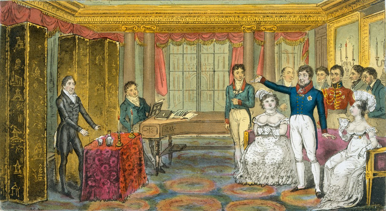 King George IV w Carlton House, z książki „The English Spy” Charlesa Westmacotta, opublikowanej w 1825 r. (litografia kolorowa) autorstwa Isaac Robert Cruikshank