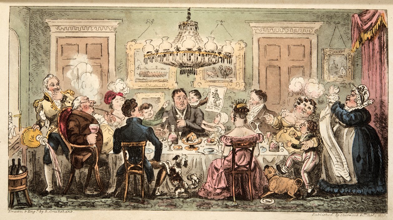 Liston and the Lambkins or the Citizens Dinner Party, z The English Spy, wyd. 1824 (grawerowanie ręcznie kolorowane) autorstwa Isaac Robert Cruikshank