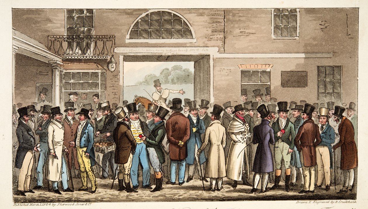 Poniedziałek po Wielkim St Leger, czyli Heroes of the Turf Płacenie i otrzymywanie w Tattersalls, z The English Spy, wyd. 1824 (grawerowanie ręcznie kolorowane) autorstwa Isaac Robert Cruikshank