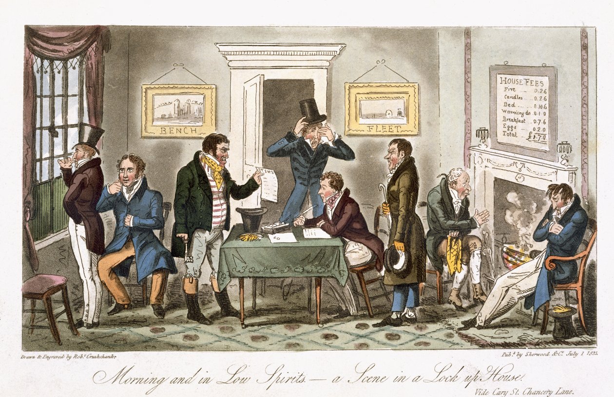 Poranek i w słabszym nastroju – scena w zamkniętym domu z „Angielskiego szpiega” Charlesa Molloya Westmacotta (1788-1868) opublikowanego w Londynie, 1825 autorstwa Isaac Robert Cruikshank
