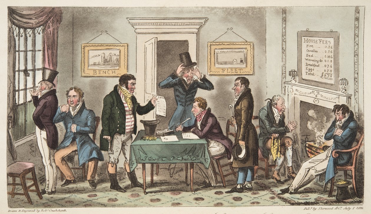 Rano i w Low Spirits, scena zamknięcia w Spunging House, Carey Street, trochę dobrej prawdy, z The English Spy, opublikowanej w Londynie, 1824 autorstwa Isaac Robert Cruikshank