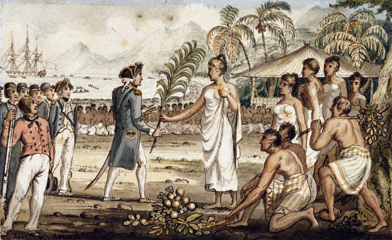 Oatehite, ilustracja z „Podróży kapitana Cooka” autorstwa Isaac Robert Cruikshank