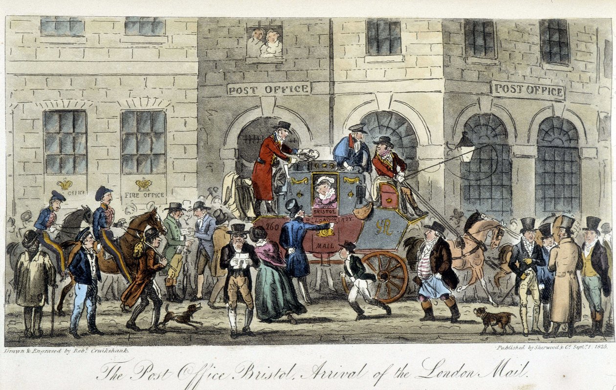 Poczta w Londynie: The Post Office Bristol, przybycie London Mail - w „The English Spy” Charles Molloy Westmacott, rysunek Robert Cruikshank, wydanie londyńskie autorstwa Isaac Robert Cruikshank