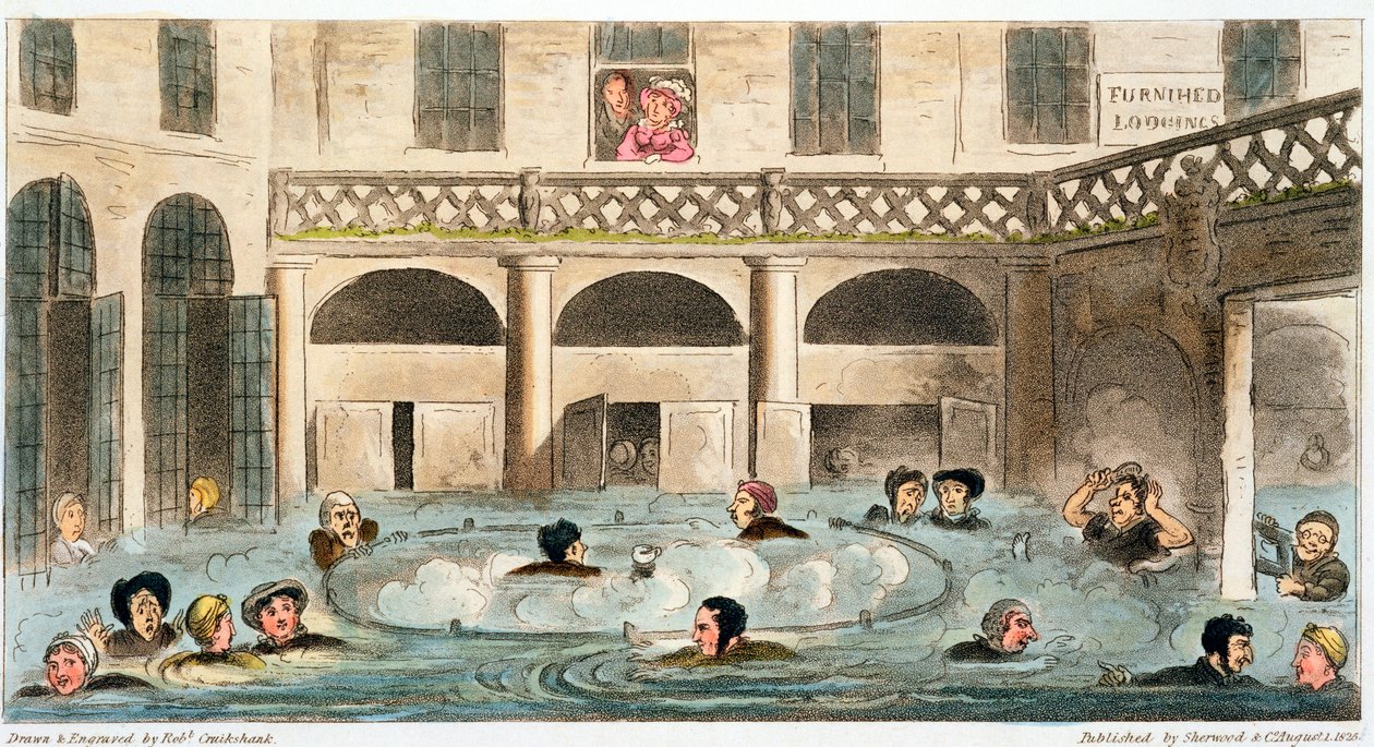 „Publiczna kąpiel w kąpieli lub duszenie żywcem”, 1825 r. autorstwa Isaac Robert Cruikshank