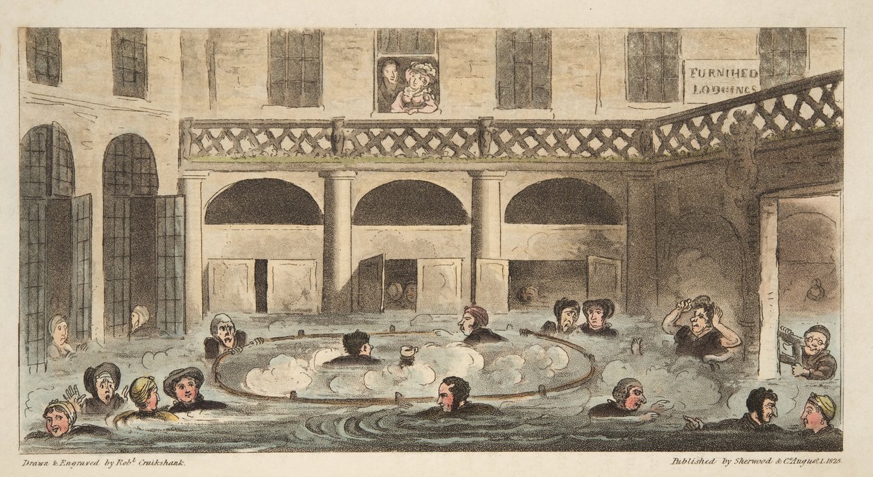 Publiczna kąpiel w Bath lub Strewing Alive, z The English Spy, wyd. 1824 (grawerowanie ręcznie kolorowane) autorstwa Isaac Robert Cruikshank