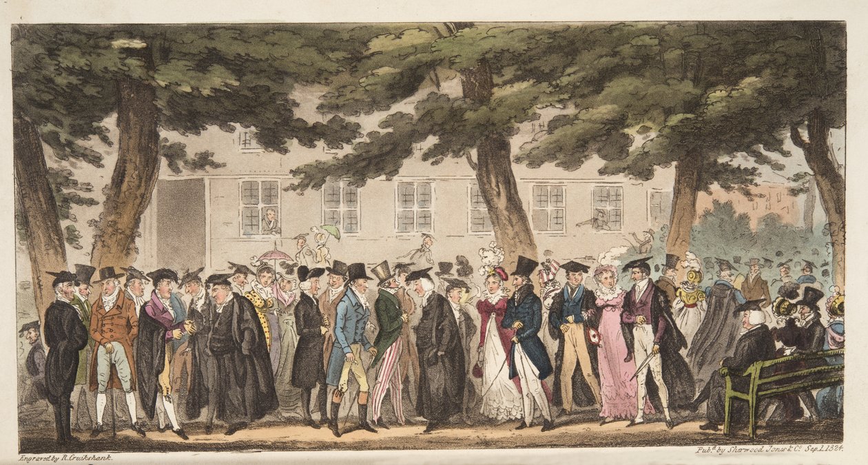 Show Sunday, A View in the Broad Walk, Christ Church Meadows, Oxford, z The English Spy, wyd. 1824 (grawerowanie ręcznie kolorowane) autorstwa Isaac Robert Cruikshank