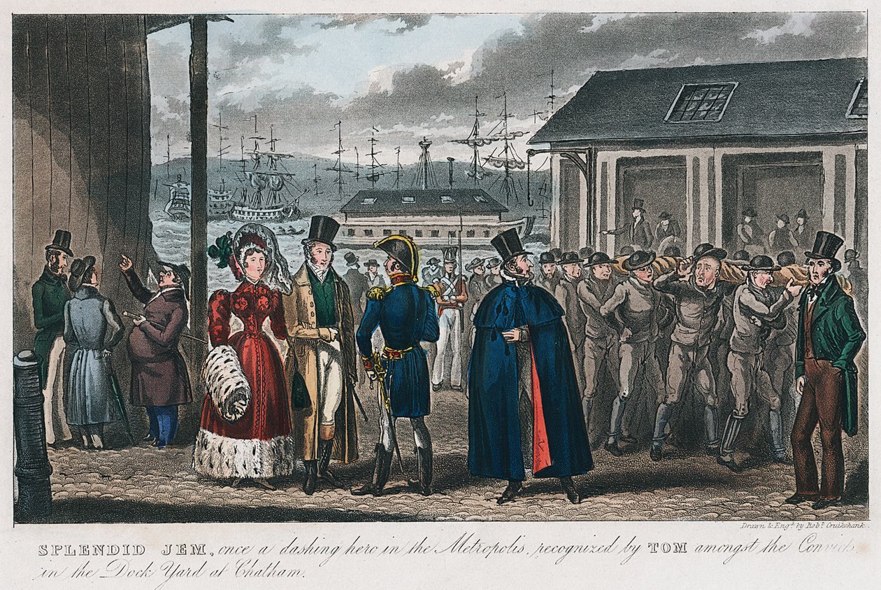 Wspaniały Jem wśród skazańców w stoczni marynarki wojennej w Chatham, Kent, 1821 autorstwa Isaac Robert Cruikshank