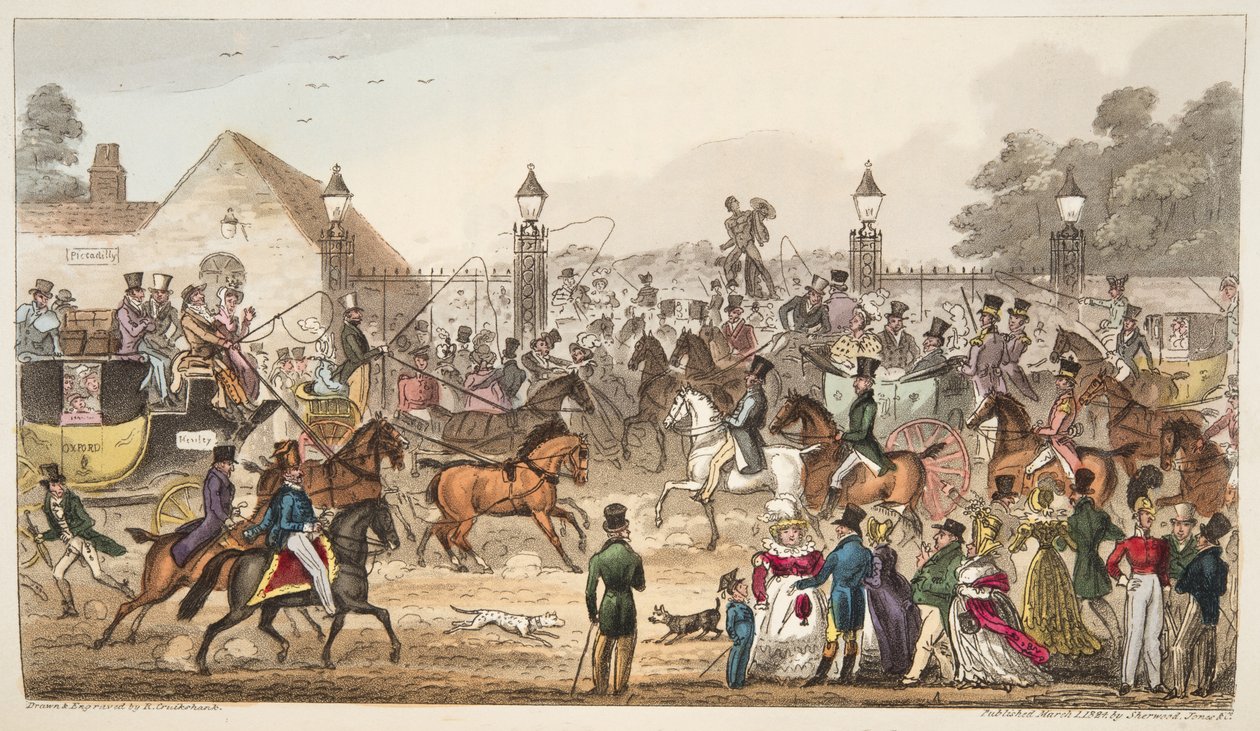 Przylot lub zachodnie wejście do krainy Cockney z The English Spy opublikowanej w 1824 r. (Ręcznie kolorowy grawerunek) autorstwa Isaac Robert Cruikshank