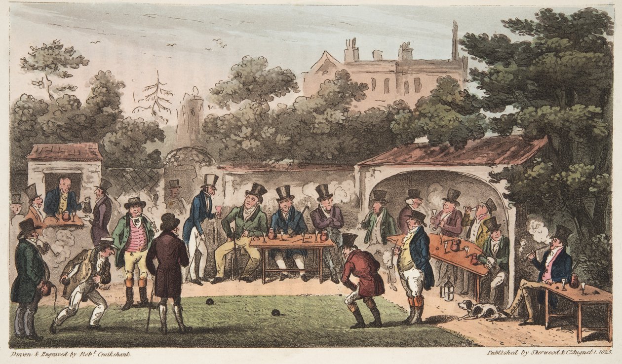 The Bowling Alley, Worcester lub Characters of the Hand and Glove Club, z The English Spy, opublikowane w Londynie, 1824 (ręka grawerowana kolorowo) autorstwa Isaac Robert Cruikshank
