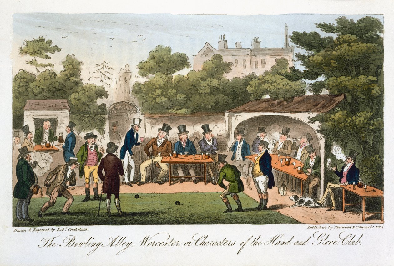 The Bowling Alley, Worcester lub Characters of the Hand and Glove Club, z książki „The English Spy”, autorstwa Charlesa Molloya Westmacotta (1788-1868), opublikowanej w Londynie, 1825 autorstwa Isaac Robert Cruikshank