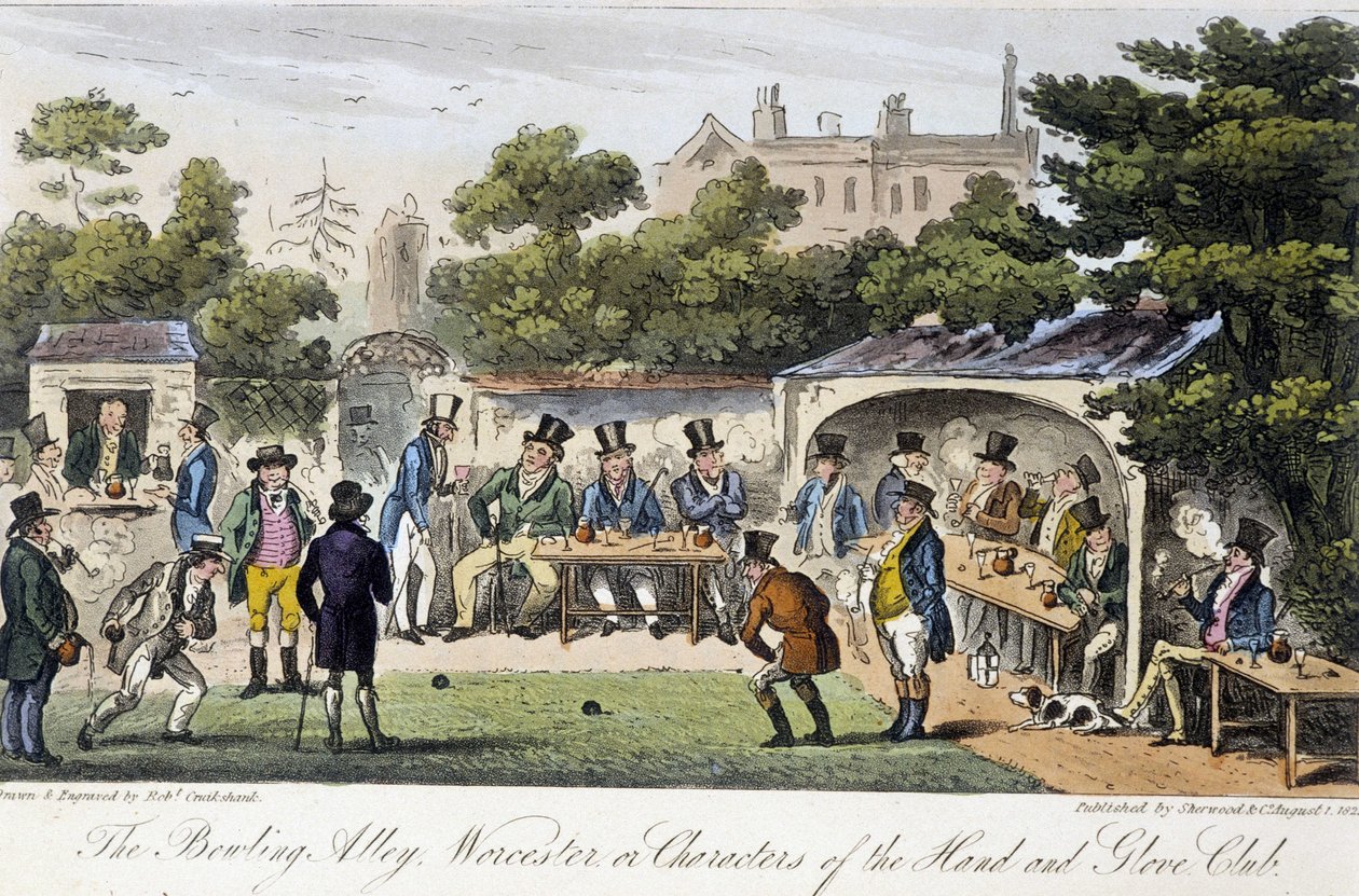 Kręgielnia lub Characters of the Hand and Glove Club – w „The English Spy” Charles Molloy Westmacott, rysunek Robert Cruikshank, wydanie londyńskie autorstwa Isaac Robert Cruikshank