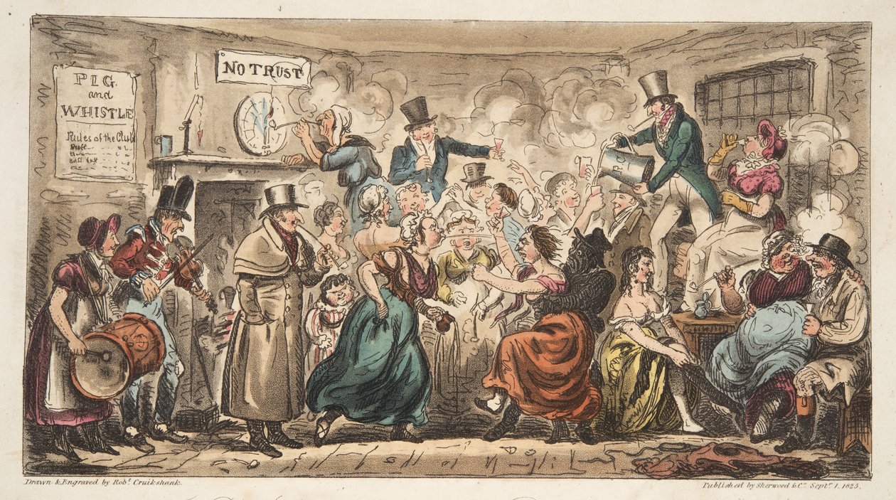 The Buff Club at the Pig and Whistle, Avon Street, Bath, z The English Spy, wyd. Londyn, 1824 (ręcznie kolorowane grawerowanie) autorstwa Isaac Robert Cruikshank