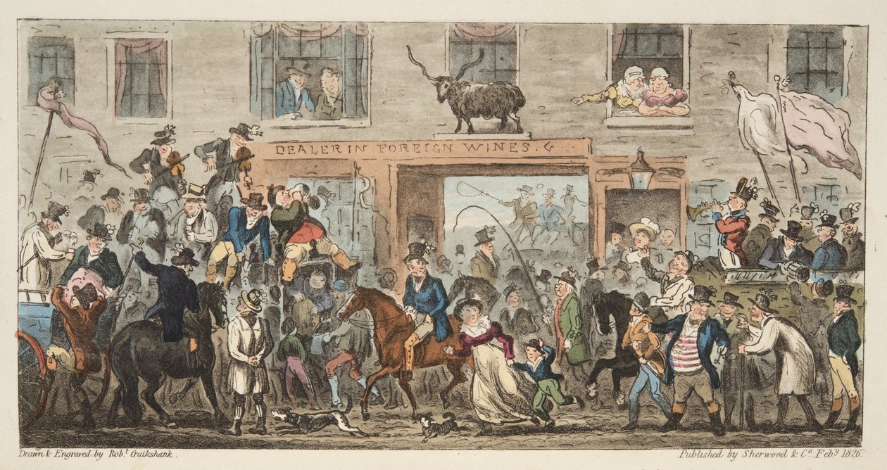 Komiksowa procesja z The English Spy, wyd. 1824 (rycina ręcznie kolorowana) Gloucester do Berkeley, z The English Spy, wyd. 1824 (grawerowanie ręcznie kolorowane) autorstwa Isaac Robert Cruikshank