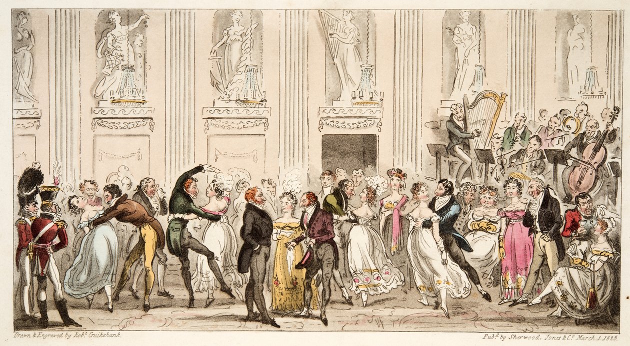 Bal Cypriana w Argyle Rooms, z The English Spy, wyd. 1824 (grawerowanie ręcznie kolorowane) autorstwa Isaac Robert Cruikshank