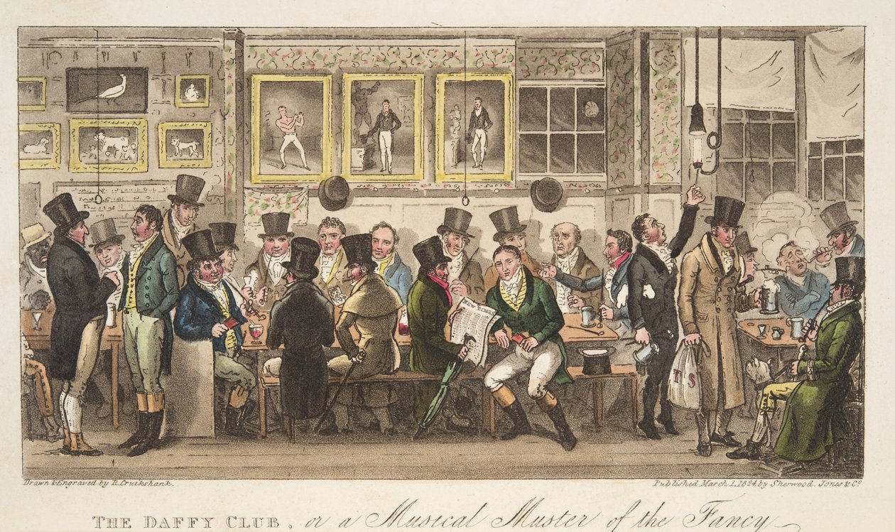 The Daffy Club, czyli Musical Muster of the Fancy, z The English Spy, wyd. 1824 (grawerowanie ręcznie kolorowane) autorstwa Isaac Robert Cruikshank