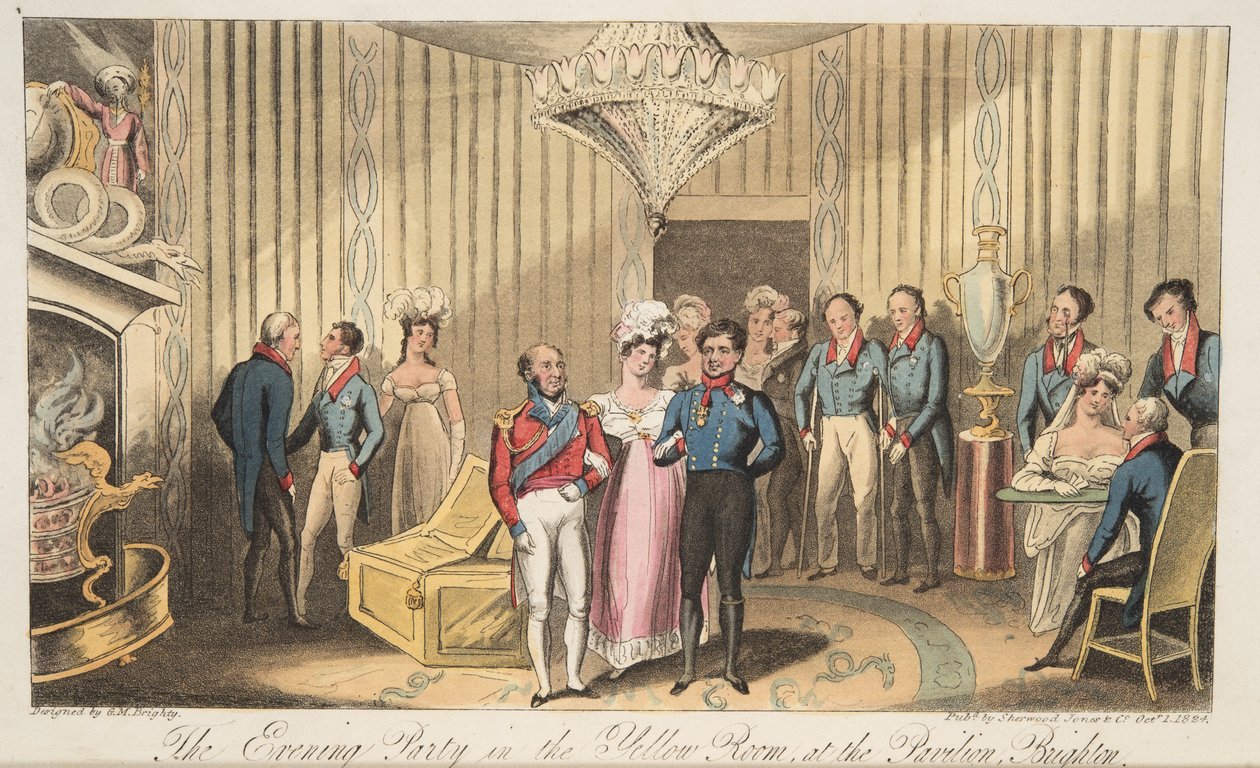 Wieczorne przyjęcie w pawilonie, Brighton, z The English Spy, wyd. 1824 (grawerowanie ręcznie kolorowane) autorstwa Isaac Robert Cruikshank