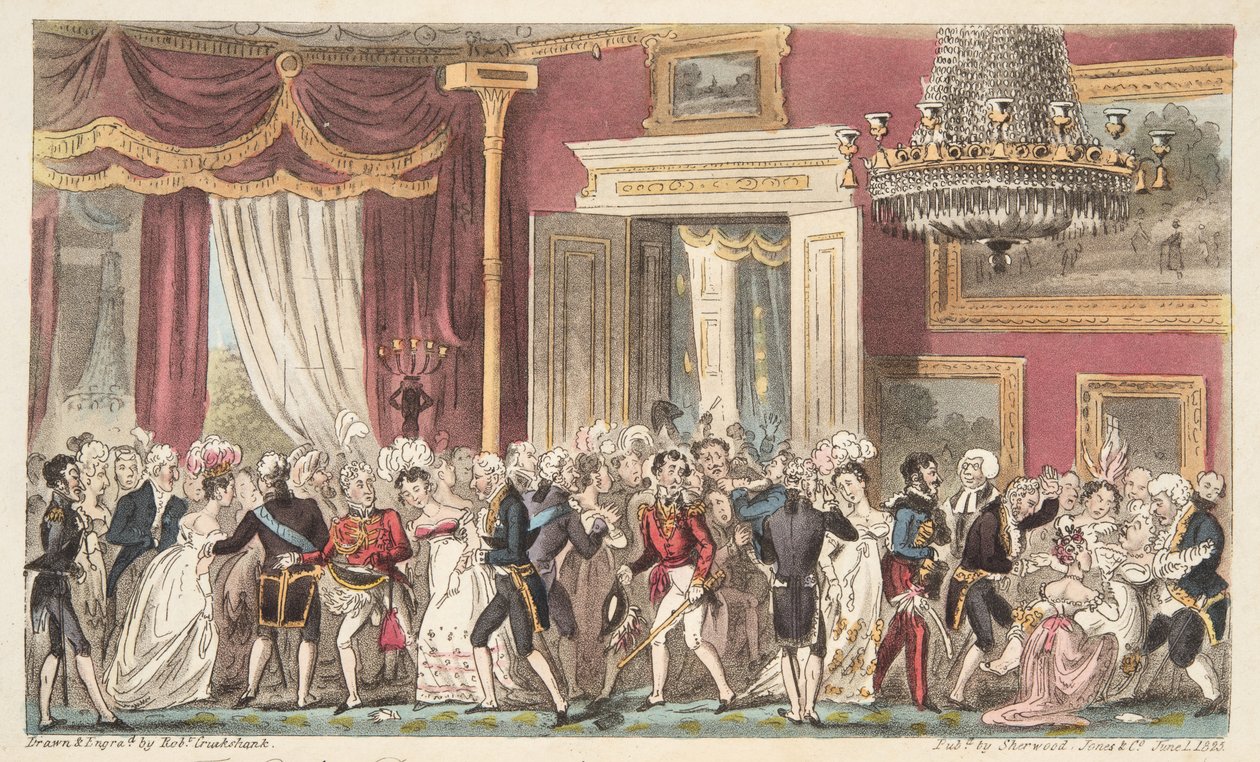Wieczór w Okrągłej Sali; lub Squeeze at Carlton Palace, z The English Spy, wyd. 1824 (grawerowanie ręcznie kolorowane) autorstwa Isaac Robert Cruikshank