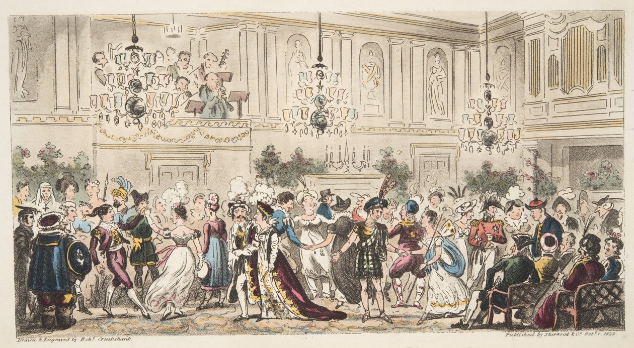 The Fancy Ball at the Upper Rooms, Bath, z The English Spy, wyd. Londyn, 1824 autorstwa Isaac Robert Cruikshank