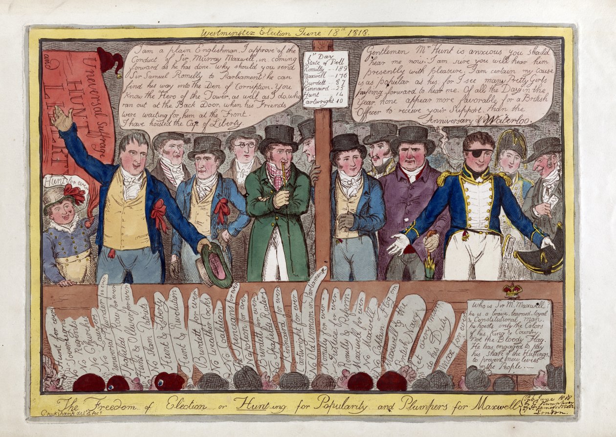 Wolność w wyborach lub polowanie na popularność i Plumpers dla Maxwella, wyd. G. Humphrey, 1818 (ręcznie kolorowane grawerowanie) autorstwa Isaac Robert Cruikshank