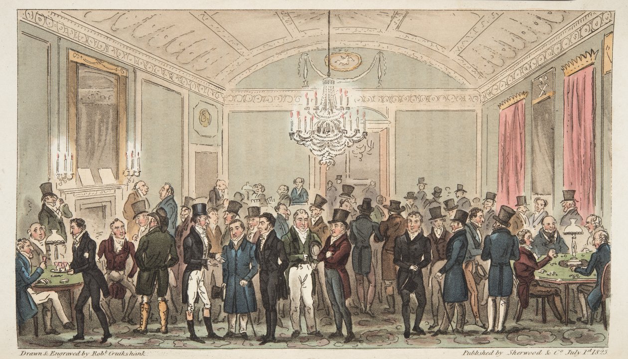 The Great Subscription Room w Brookes, z The English Spy, wyd. 1824 (grawerowanie ręcznie kolorowane) autorstwa Isaac Robert Cruikshank