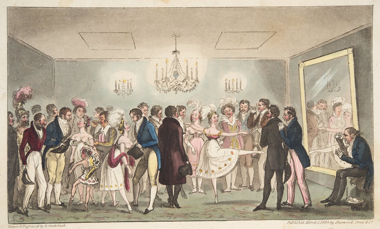 The Green Room of the Kings Theatre, czyli Szlachetni Amatorzy oglądający zagraniczne ciekawostki, z The English Spy, wyd. 1824 (grawerowanie ręcznie kolorowane) autorstwa Isaac Robert Cruikshank
