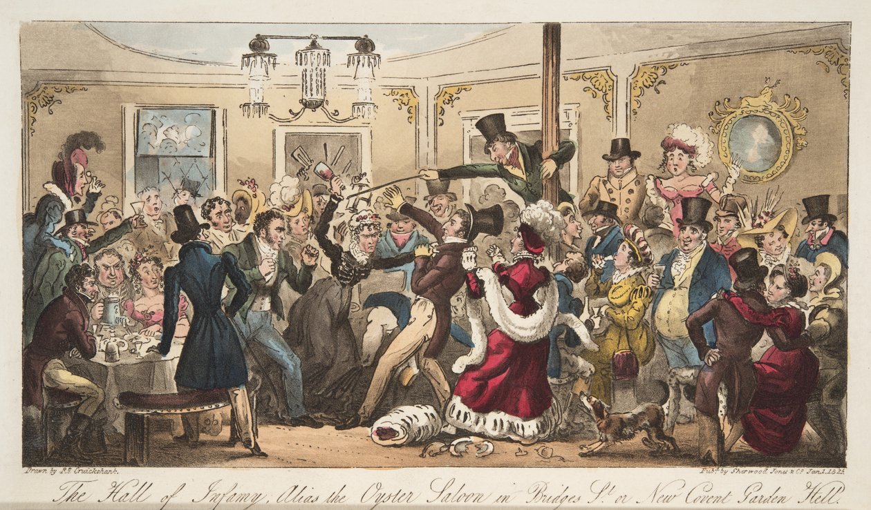 The Hall of Infamy, alias Oyster Saloon na Brydges-Street lub New Covent Garden Hell, z The English Spy, wyd. 1824 (grawerowanie ręcznie kolorowane) autorstwa Isaac Robert Cruikshank