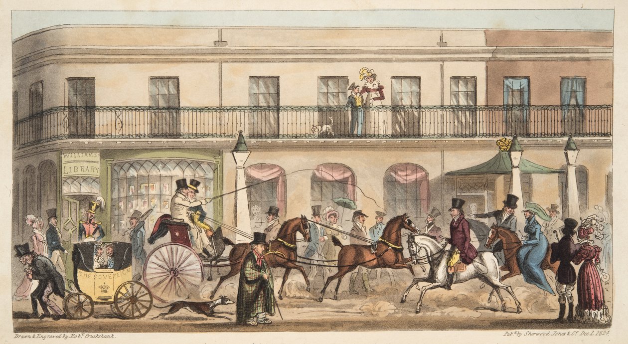 The High Street, Cheltenham, z The English Spy, wyd. 1824 (grawerowanie ręcznie kolorowane) autorstwa Isaac Robert Cruikshank