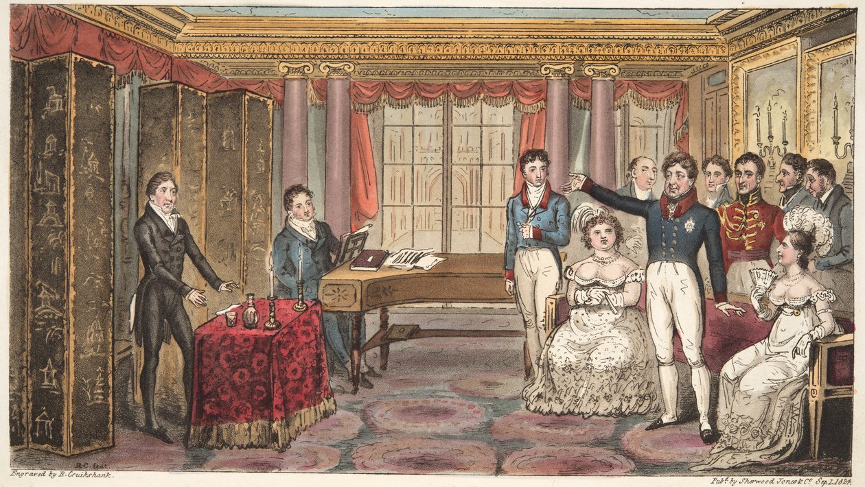The King at Home, czyli Mathews at Carlton House, z książki The English Spy, Charles Westmacott, opublikowanej w 1824 r. (ręcznie kolorowane grawerowanie) autorstwa Isaac Robert Cruikshank
