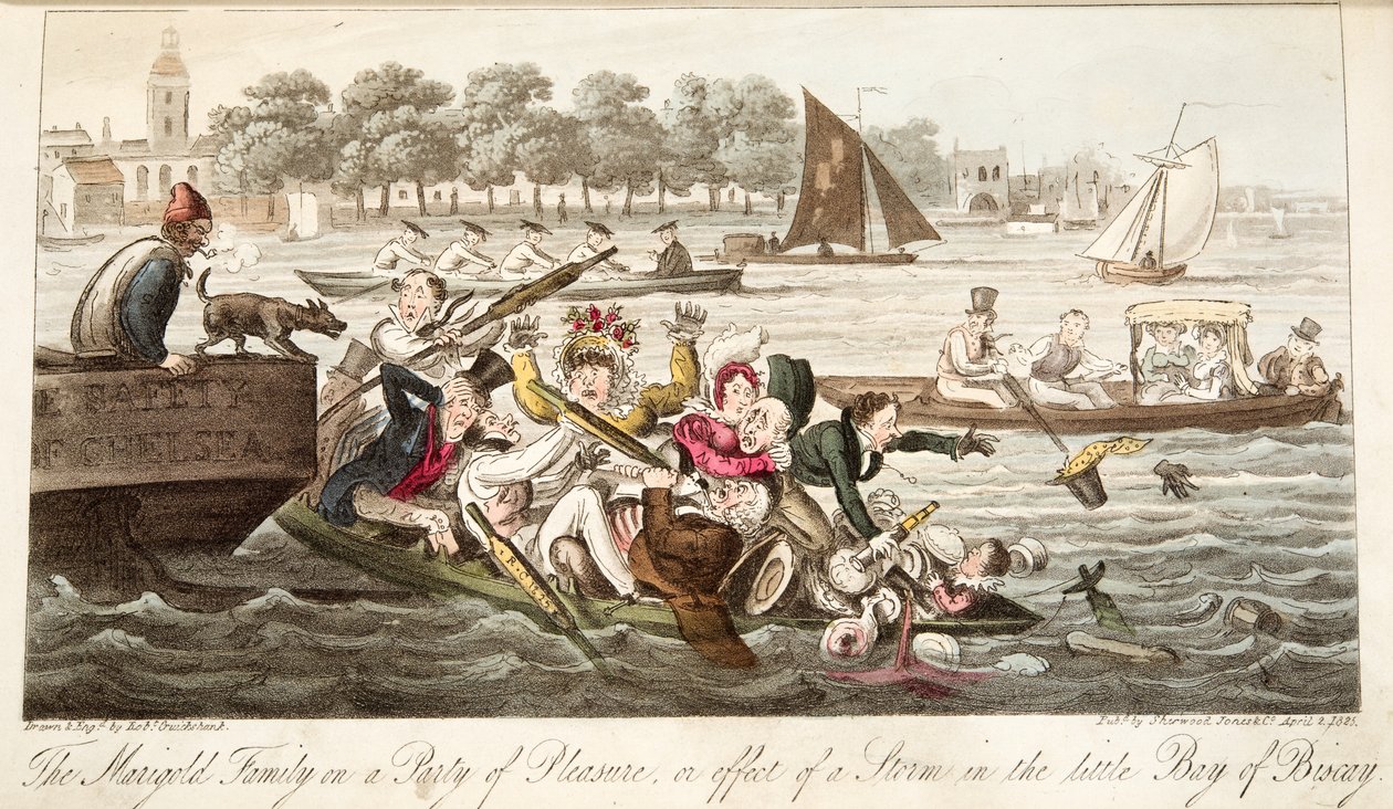 Rodzina Marigold na przyjęciu dla przyjemności, czyli efekt burzy w małej Zatoce Biskajskiej, z The English Spy, wyd. 1824 (grawerowanie ręcznie kolorowane) autorstwa Isaac Robert Cruikshank