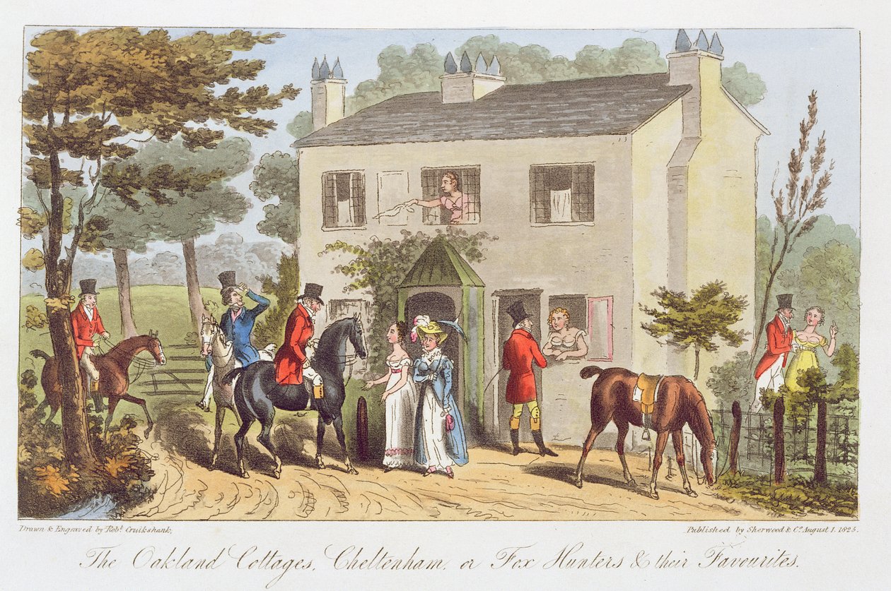 Oakland Cottages, Cheltenham lub Fox Hunters i ich ulubieńcy, z książki „Angielski szpieg” Charlesa Westmacotta, opublikowanej w 1825 r. autorstwa Isaac Robert Cruikshank