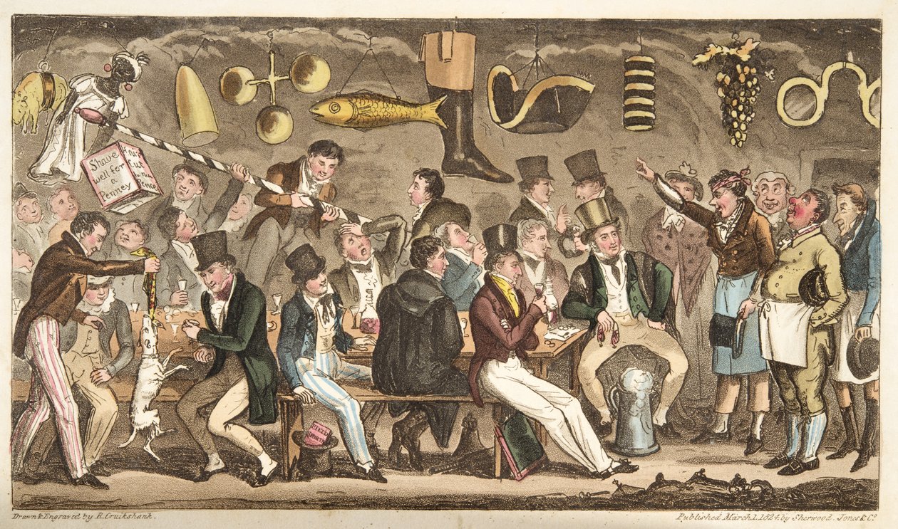 The Oppidans Museum lub Eton Court of Claims at the Christopher, z The English Spy, opublikowane w Londynie, 1824 autorstwa Isaac Robert Cruikshank
