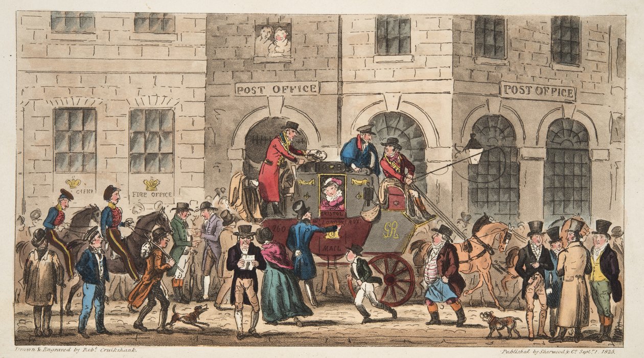 The Post Office Bristol, Przybycie London Mail, z The English Spy, opublikowane w Londynie, 1824 autorstwa Isaac Robert Cruikshank
