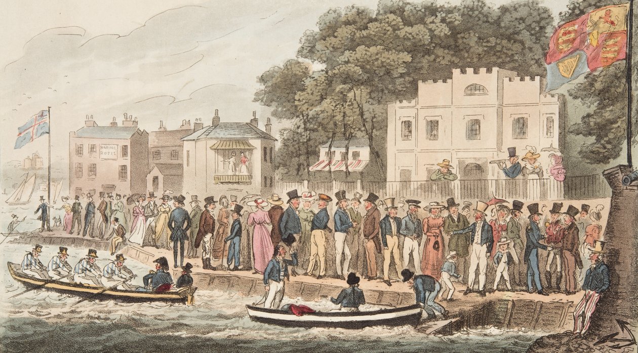 The Promenade at Cowes, z The English Spy, wyd. 1824 (grawerowanie ręcznie kolorowane) autorstwa Isaac Robert Cruikshank