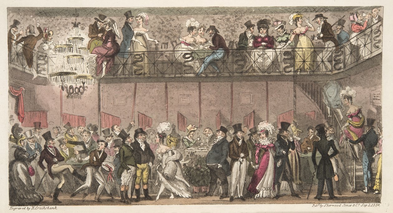 The Royal Saloon, Piccadilly, czyli godzina po operze, z książki The English Spy opublikowanej w 1824 r. (ręcznie kolorowane grawerowanie) autorstwa Isaac Robert Cruikshank