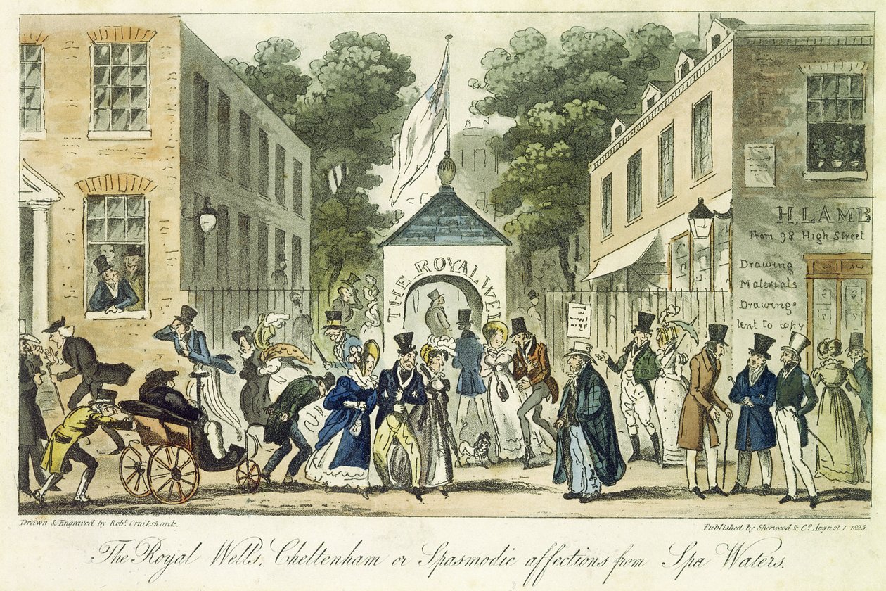 Royal Wells, Cheltenham, czyli spazmatyczne uczucia dla wody uzdrowiskowej, 1825 r autorstwa Isaac Robert Cruikshank
