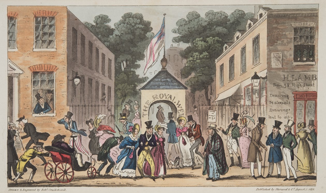 The Royal Wells, Cheltenham lub Spasmodic z Spa Waters, z The English Spy, wyd. 1824 (grawerowanie ręcznie kolorowane) autorstwa Isaac Robert Cruikshank