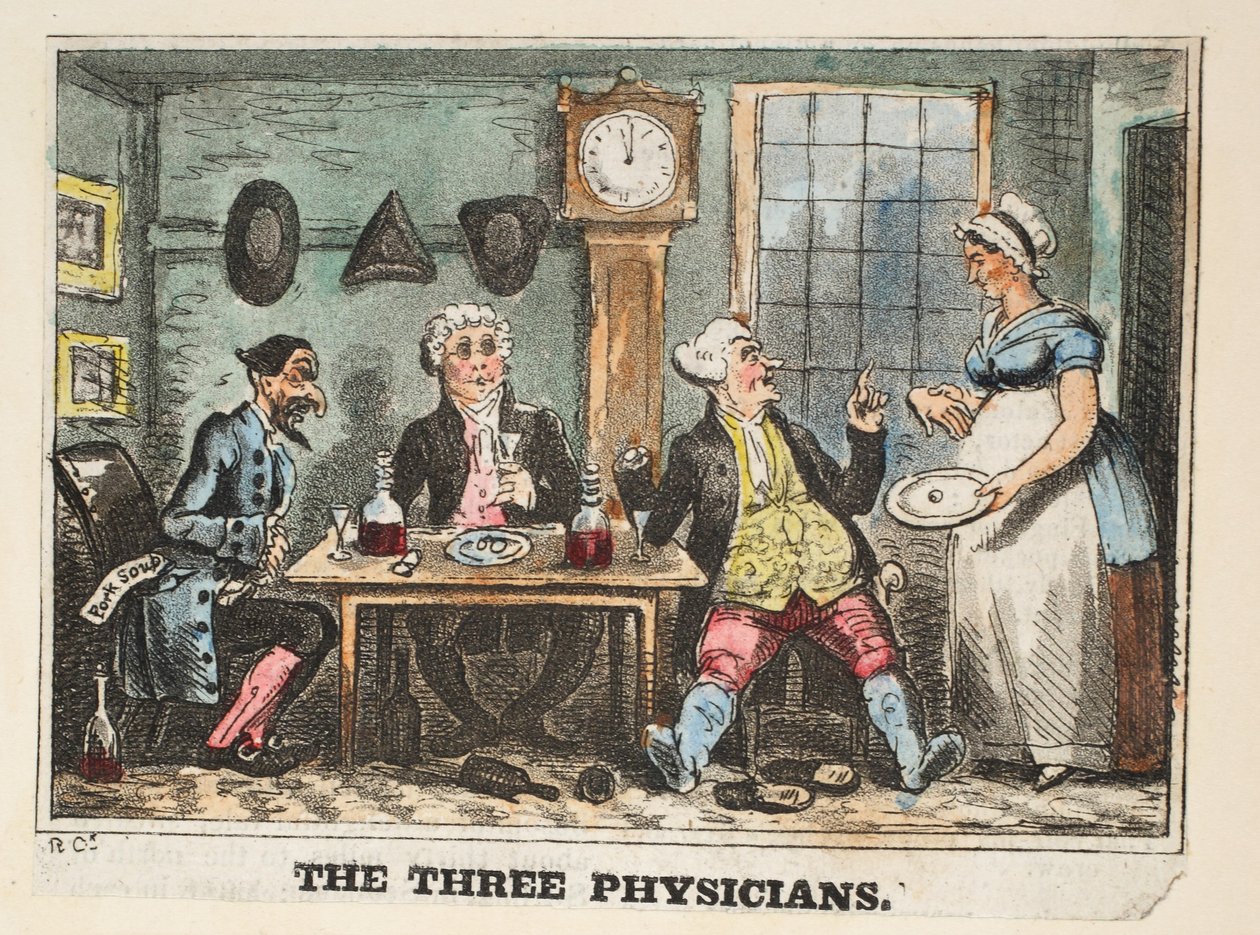 Trzej lekarze, ok.1824 (rycina ręcznie kolorowana) autorstwa Isaac Robert Cruikshank