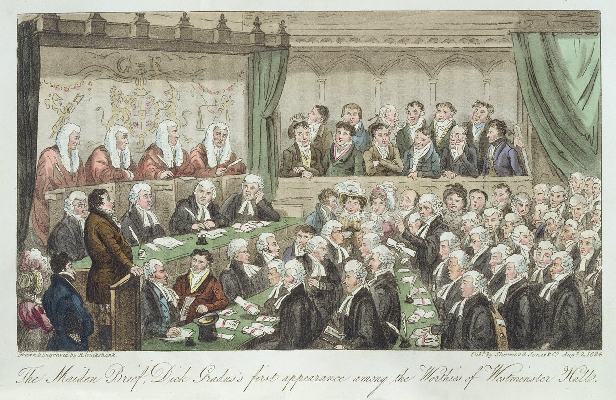 Dziewiczy brief, pierwszy występ Dicka Gradusa wśród godnych Westminster Hall, opublikowany 1824 autorstwa Isaac Robert Cruikshank