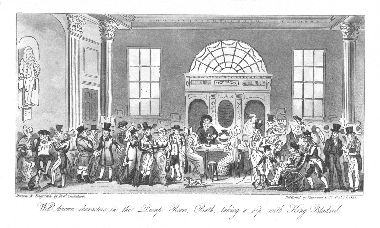 Dobrze znane postacie w pijalni, Bath, popijające z królem Bladudem, 1825 autorstwa Isaac Robert Cruikshank
