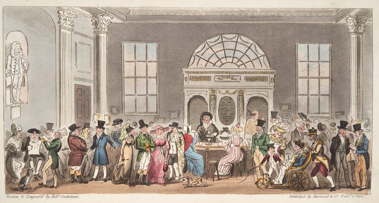 Znani goście w Pump Room, Bath, popijający z King Bladudem, z The English Spy, pub. 1824 (grawerowanie ręcznie kolorowane) autorstwa Isaac Robert Cruikshank