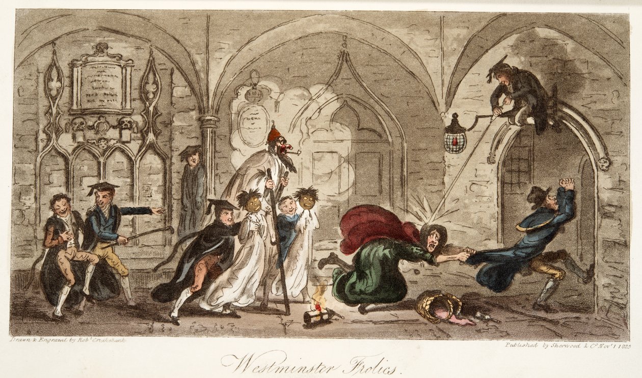 Westminster Frolics, z The English Spy, wyd. 1824 (grawerowanie ręcznie kolorowane) autorstwa Isaac Robert Cruikshank