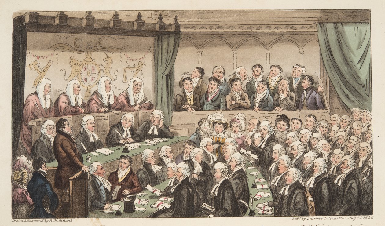 Westminster Hall, z The English Spy, wyd. 1824 (grawerowanie ręcznie kolorowane) autorstwa Isaac Robert Cruikshank