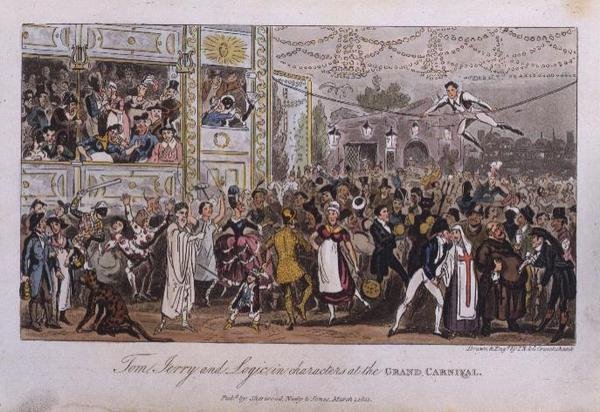 Tom, Jerry i Logic w postaciach podczas Wielkiego Karnawału, z „Życia w Londynie” Pierce Egan autorstwa Isaac Robert and George Cruikshank