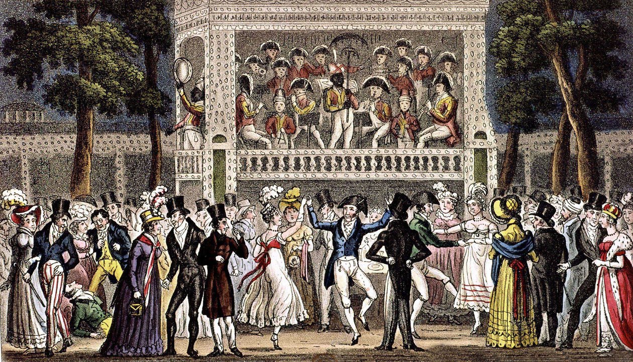 Bal w ogrodzie Vauxhall w Londynie ok. 1830, rycina autorstwa Isaac Robert & George (1792 1878) Cruikshank