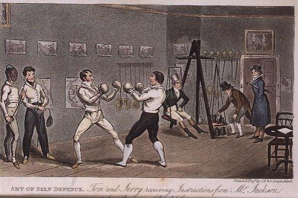 Sztuka samoobrony: Tom i Jerry otrzymują instrukcje od pana Jacksona, z „Życia w Londynie” Pierce Egan autorstwa Isaac Robert and George Cruikshank
