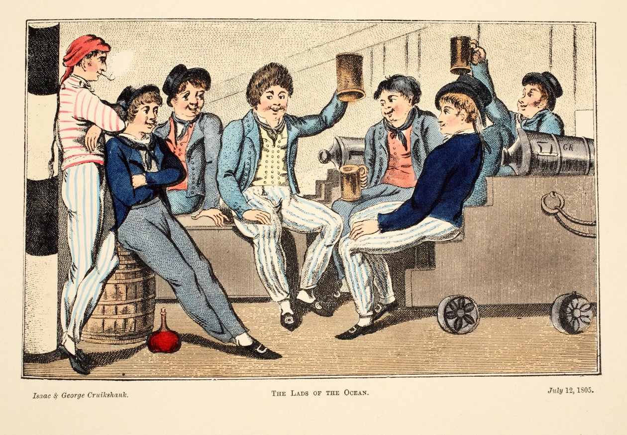 The Lads of the Ocean, 1805 (ręcznie barwiony grawerunek) autorstwa Isaac, Robert and George Cruikshank