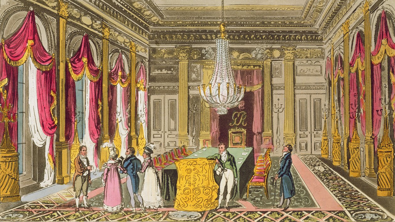 Tom, Jerry i Logic odwiedzający Carlton House, z „Life in London” Pierce Egan, 1821-22 (kolorowy akwatinta) autorstwa Isaac, Robert and George Cruikshank